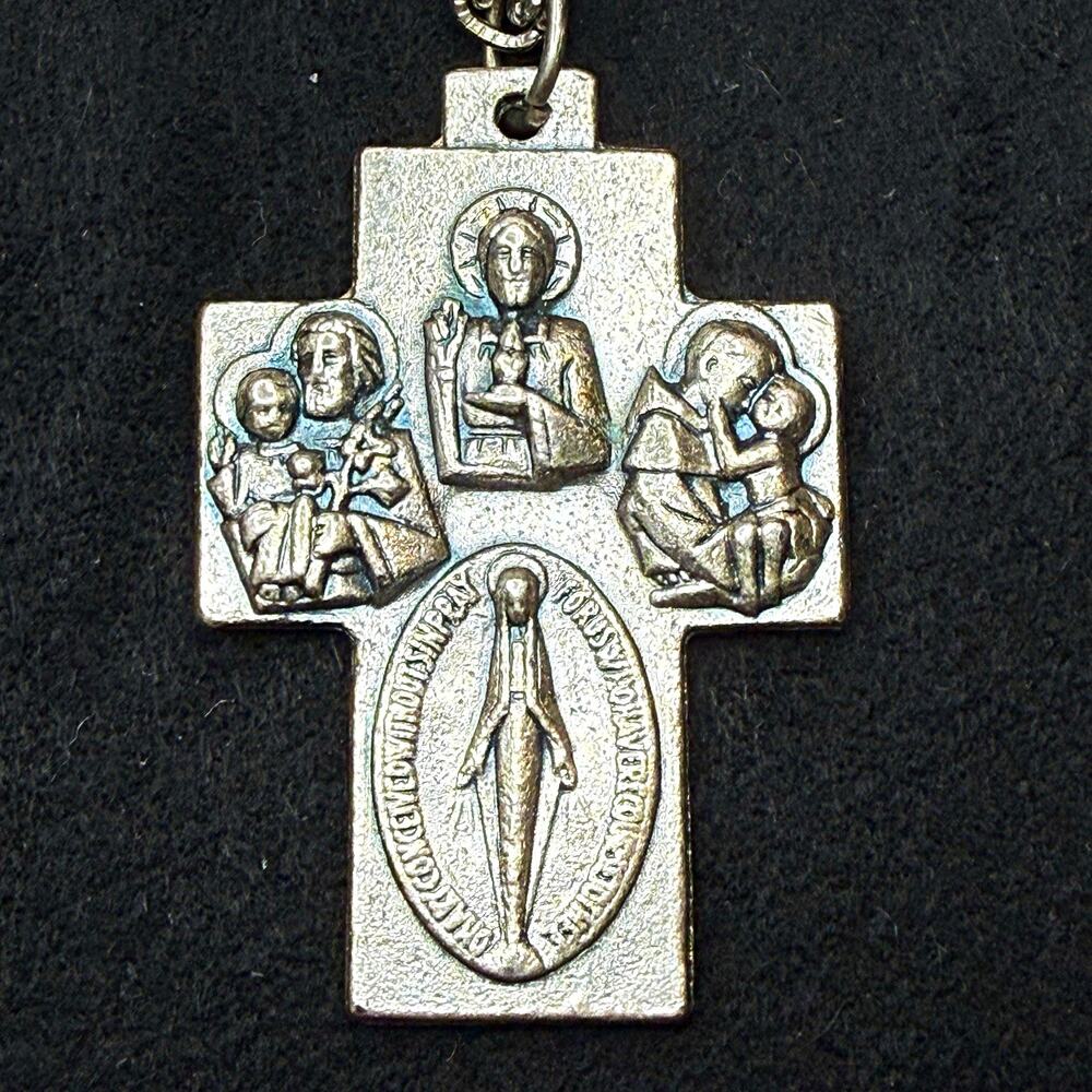 Vintage Catholic 4 Way Cross Medal Pendant Necklace Silver Tone Italy 24” Chain